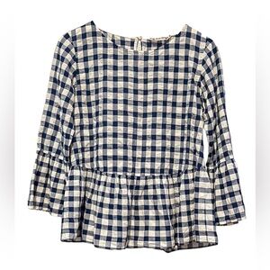 Le Sarte Pettegole Size 42 Medium Check Flutter Sleeve Boho Top Tunic Blue White